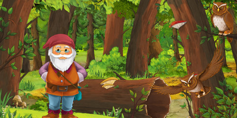 cartoon scene with happy dwarf in the forest near some owls birds - illustration for children
