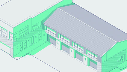 Axonometric automobile repair shop. Architectural blueprint.