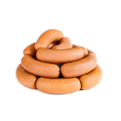 Boiled tasty sausages in a natural casing on a white background