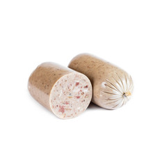 Liver sausage in an artificial casing on a white background