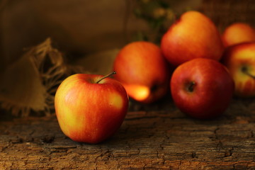 Yellow- red apples are on a dark wooden background selective fokus.