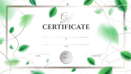 Gift certificate template design with green spring leaves and ornate decoration