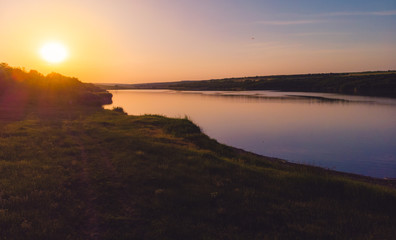 Sunset on the edge of a lake in the country, Moldova, 2019