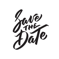 Save the date ink writing in modern calligraphy style. Text lettering for wedding card. One color phrase brush calligraphy. Vector isolated on white.