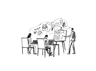 Sketch illustration of successful business people making strategy and plan.Vector office concept.