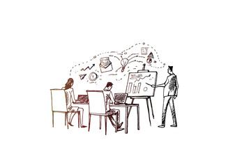 Sketch illustration of successful business people making strategy and plan.Vector office concept.