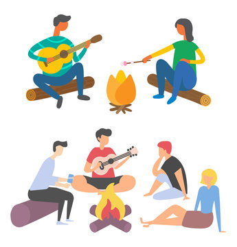 Friends spending time together near bonfire vector, students sit around campfire playing guitar and singing songs, guy having date with girl by fire