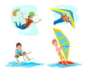 Hang gliding and windsurfing vector, set of people with hobbies, woman with rope jumping from bridge, bungee jump, skydiving and water sports summer