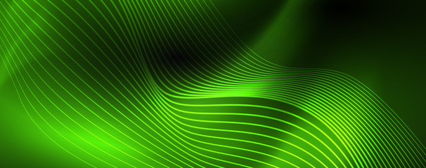 Smoky glowing waves in the dark. Dark abstract background with neon color light and wavy lines. Vector