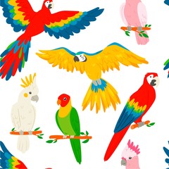 Fototapeta premium Parrots macaw red-blue isolated on white background seamless pattern vector illustration. Flying and sitting on branches. Wildlife of jungle and tropical forests of the Amazon.