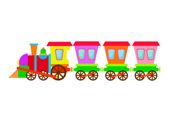Colorful cute toy train with carriages. Cartoon children train concept. Vector illustration for presents, invitation, children room, nursery decor, interior design.