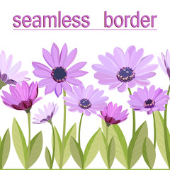 delicate floral seamless border of beautiful lilac daisies on green stems with leaves