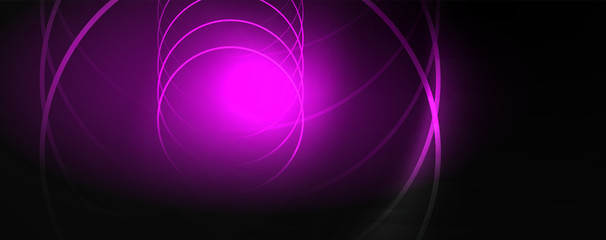 Dark abstract background with bright color neon lights and lines. Glowing background