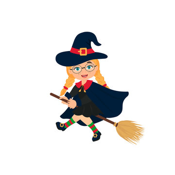 Cute little child dressed in costume witch on a broomstick. Halloween  vector illustration. Element for design, prints and greeting cards. Design for print, t-shirt, party decoration, sticker.