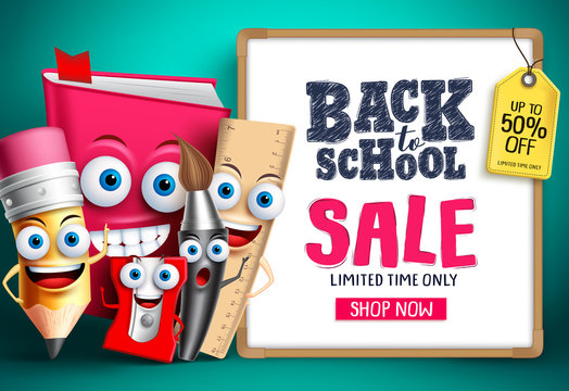 Back to school sale with school vector characters. Education items mascots happy showing whiteboard with sale promotion text. Vector illustration.