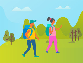 Man and woman walking with backpacks vector, couple of backpackers traveling. Spring summer park with trees and bushes, adventures of people vacation