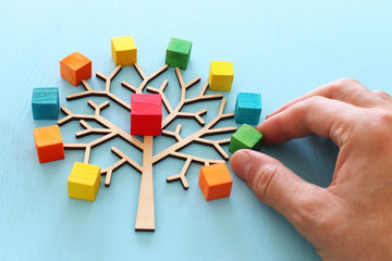 Business image of wooden tree with colorful cubes over blue table, human resources and management...