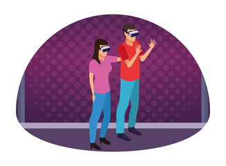 virtual reality technology experience cartoon on purple digital background
