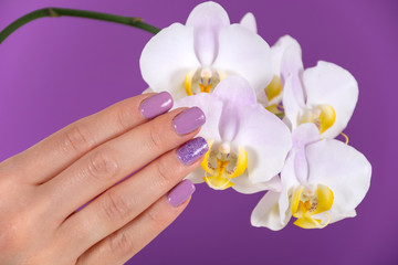 Beautiful woman hand with a lilac color nails polish gel and beautiful orchid flower decoration on purple background in the studio. Manicure and beauty concept. Close up, selective focus