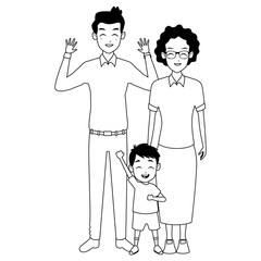 Family parents and childrens cartoons in black and white
