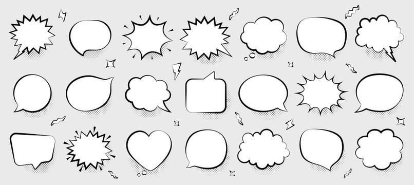 Comic speech bubbles vector. Thinking and speaking clouds. Retro bubbles shapes. Balloons with halftone shadow. Vintage pop art style design. Comic graphic elements. Cartoon badge. Vector balloons