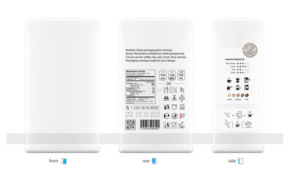 Realistic vertical bag mockup with coffee infographic icons. Set of sign for detailed guideline. Vector elements on a white background. Ready for your design. EPS10.