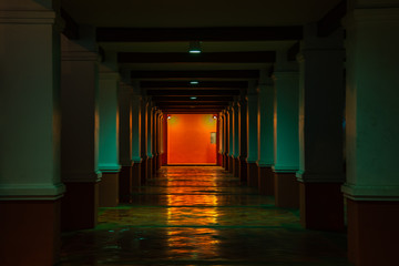 Night exterior view of the hallway architecture of Museum of Industrial Ring Road Bridge and Bhumibol Bridge.