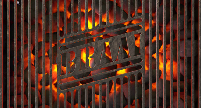 Burning hot coal in a barbecue stand covered by an iron grill with the word braai cut out of it - 3D render