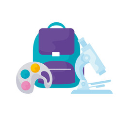 school bag with microscope and palette paint