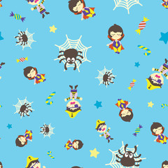 Seamless pattern of halloween theme. Illustration of cute dracula, crying pirate, spider, webs and candies on  turquoise background. Design for scrapbook, gift wrap, textile, fabric, wallpaper, etc..