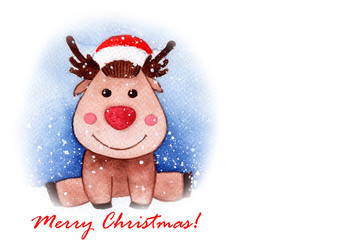 Merry Christmas! happy New Year!. New Year's deer. fawn Christmas deer. snow. watercolor. winter. Christmas card