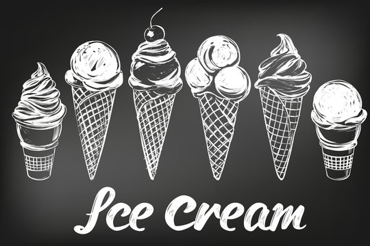 Ice cream set hand drawn vector illustration sketch, drawn in chalk on a black Board
