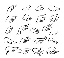 Set of  Abstract Wings birds and angel or others in line art doodle style in black and white