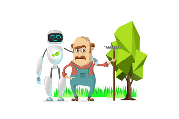 RPA robot. Android helps care of nature. Nature protection, artificial intelligence, robatized work, Care of cleanliness Robotic technologies for protect nature and  planet
