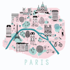 Cartoon Map of Paris with Legend Icons. Print Design - obrazy, fototapety, plakaty