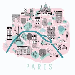 Tuinposter Cartoon Map of Paris with Legend Icons. Print Design © CreativePinkBird