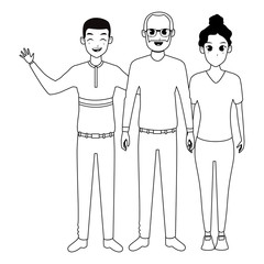 Family old father with adultt daughter and son in black and white