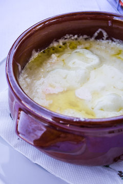 Traditional Greek appetizer- bujurdi. Served in small restaurant near the beach in  Greece.