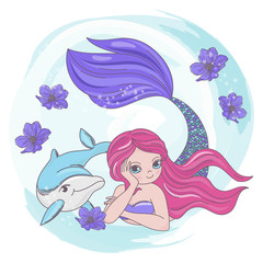 RESTING MERMAID Dolphin Sea Cartoon Underwater Ocean Cruise Travel Tropical Vector Illustration Set for Print Fabric and Decoration