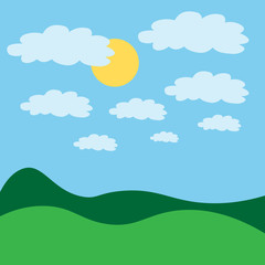 Fototapeta premium Vector illustration. Green landscape with blue sky sun and clouds. clouds pattern
