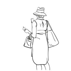 Sketch of woman with smart phone, ice cream and shopping bags wearing hat and fashion dress, Back view, Hand drawn linear illustration