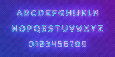 Neon alphabet font. Glowing neon colored 3d modern alphabet and numbers characters typeface