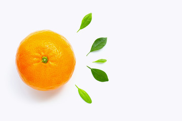 Orange fruit with citrus leaves isolated on white background. Juicy, sweet and high vitamin C.