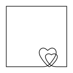 Continuous line drawing two hearts in square frame, Black and white vector minimalist illustration of love concept