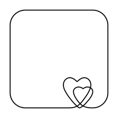 Continuous line drawing two hearts in square frame with round corners, Black and white vector minimalist illustration of love concept