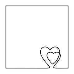 Continuous line drawing two hearts in square frame, Black and white vector minimalist illustration of love concept