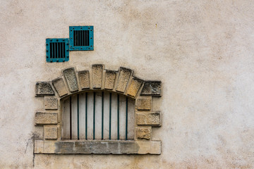 Fototapeta na wymiar empty with metal bars city wall. Historical town Thionville, France. Space for text