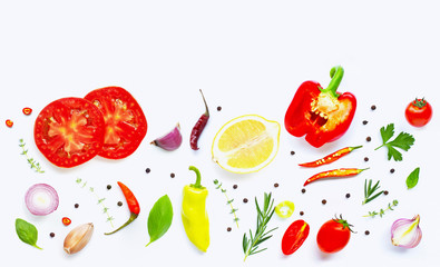 Various fresh vegetables and herbs on over white background. Healthy eating concept