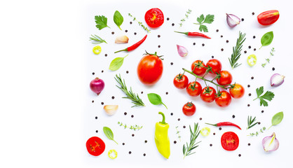 Various fresh vegetables and herbs on white background. Healthy eating concept