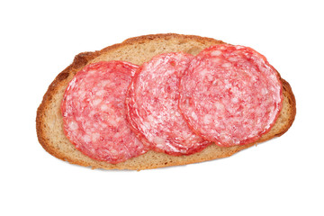 Sandwich with  sausage, rye bread on white. Flat lay. Food concept.